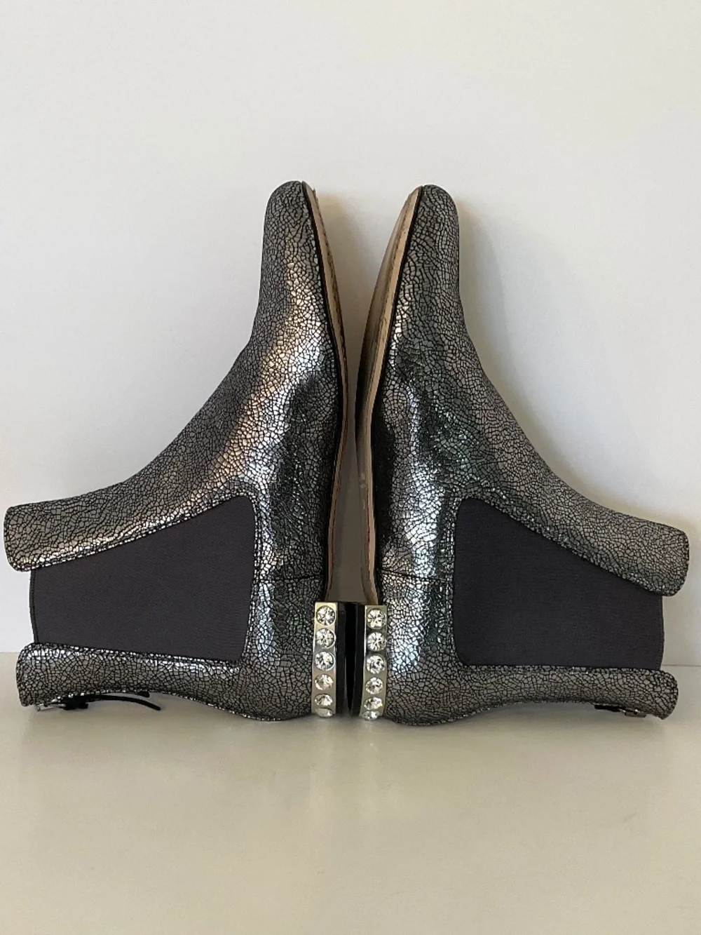 MIU MIU Crackled Silver Metallic Leather Crystal Heel Ankle Boots Sz EU 37